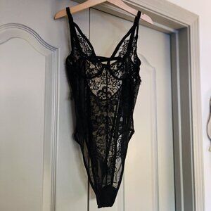 Nasty Gal Black Strappy Eyelash Lace Bodysuit NWT High-Leg Lingerie